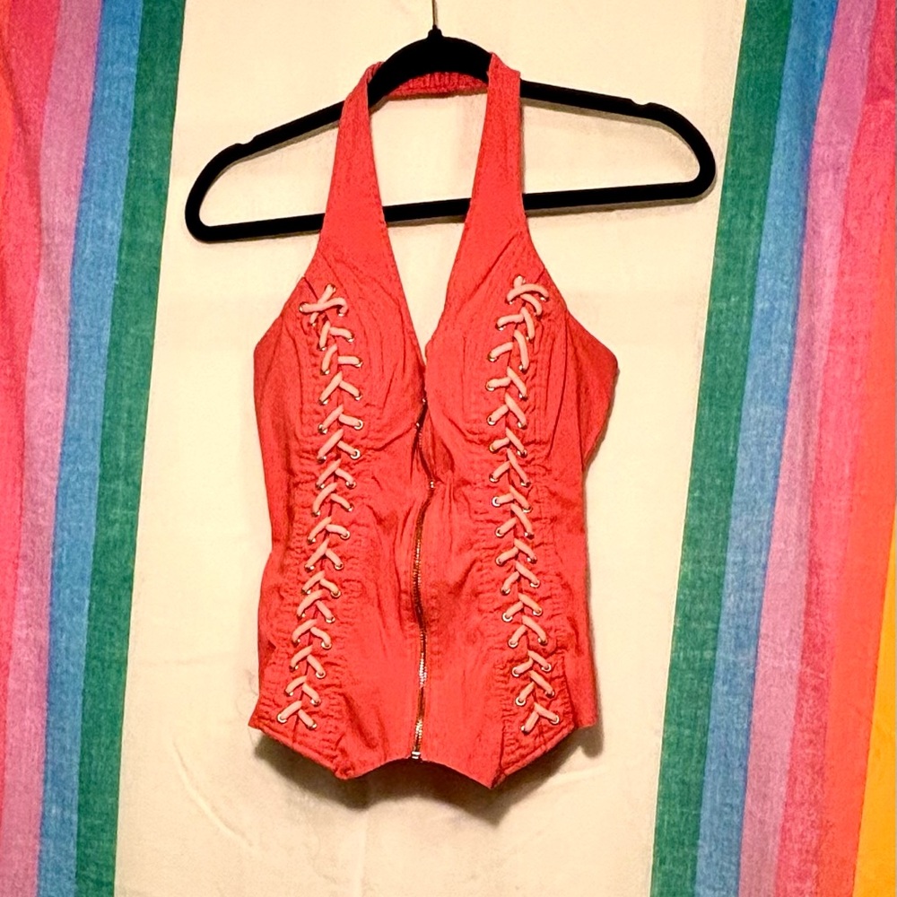 Coral Halter Top with Lace-Up Detail
